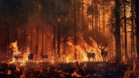 Group of animals fleeing from a forest fire, highlighting the impact on wildlife and ecosystemsの素材