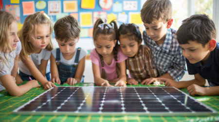 Group of children learning about solar energy with a model solar panel in a classroom, promoting environmental educationの素材