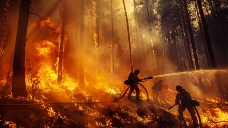 Firefighters battling a raging forest fire with hoses and protective gear, working to contain the blazeの素材