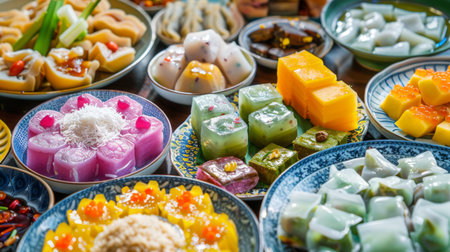 High-angle view of a colorful array of Thai desserts including coconut jelly, pandan custard, and sweet rice cakesの素材