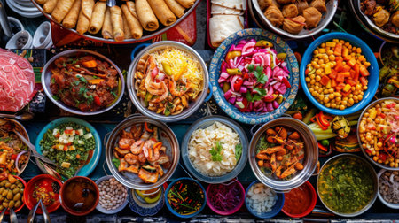 High-angle view of a colorful street food market showcasing dishes from different cultures and countriesの素材