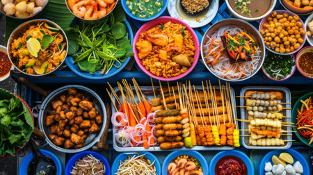 High-angle view of a colorful spread of traditional Thai street food, including pad thai, som tam, and satayの素材