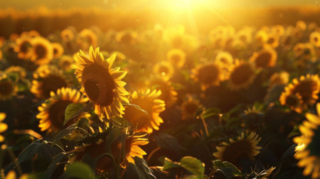 Golden beams of light illuminating a field of sunflowers at sunrise, creating a warm glowの素材