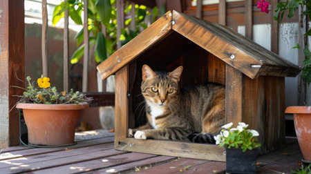 Handcrafted wooden cat house with a rustic design, placed on a patio, with a cat insideの素材