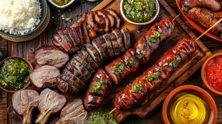 High-angle view of a Brazilian churrasco barbecue feast with grilled meats, sausages, and chimichurri sauceの素材