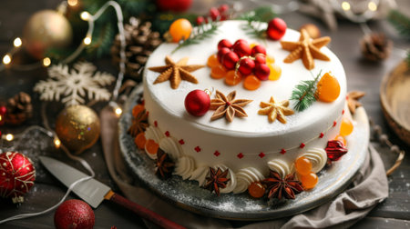 High-angle view of a decorative Christmas cake with marzipan fruits and festive decorationsの素材
