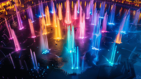 High-angle view of a colorful water fountain illuminated by vibrant lights at night, creating a mesmerizing displayの素材