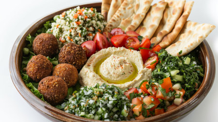 High-angle view of a Mediterranean mezze platter featuring hummus, falafel, tabbouleh, and pita breadの素材