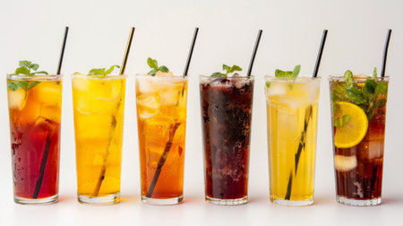 High-angle view of a row of iced teas in different flavors served in tall glasses with strawsの素材