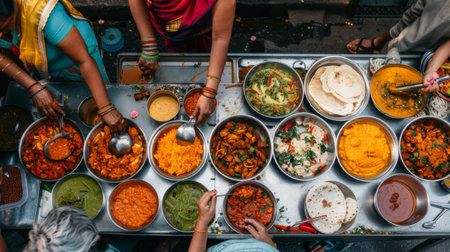 High-angle view of a traditional Indian street food stall selling freshly made dosa and idli with assorted chutneysの素材