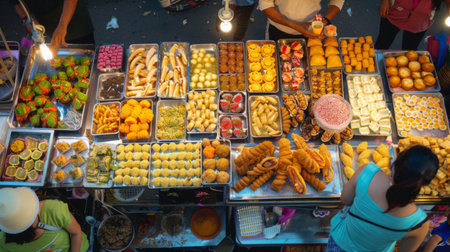 High-angle view of a Thai dessert stall at a night market, offering a variety of sweet treats and snacksの素材