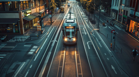 High-angle view of a tram or light rail transit system moving along tracks on a city streetの素材