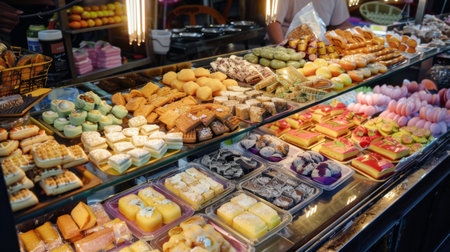 High-angle view of a Thai dessert stall at a night market, offering a variety of sweet treats and snacksの素材