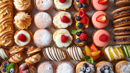 High-angle view of a tray of assorted French pastries including macarons, and fruit tartsの素材