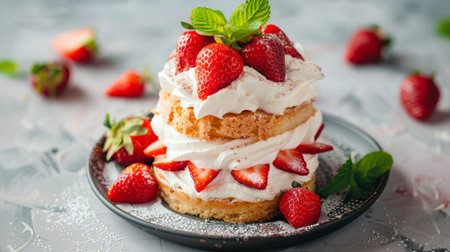 High-angle view of a homemade strawberry shortcake with layers of sponge, whipped cream, and fresh berriesの素材