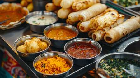 High-angle view of a traditional Indian street food stall selling freshly made dosa and idli with assorted chutneysの素材