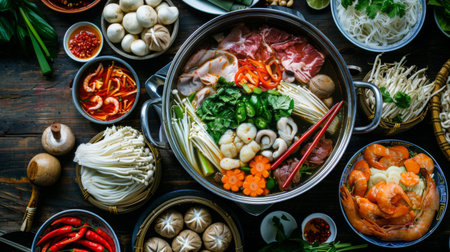 High-angle view of a traditional Thai hot pot (suki) filled with assorted meats, vegetables, and noodlesの素材