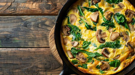 High-angle view of a mushroom and spinach frittata cooking in a cast iron skilletの素材
