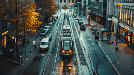 High-angle view of a tram or light rail transit system moving along tracks on a city streetの素材