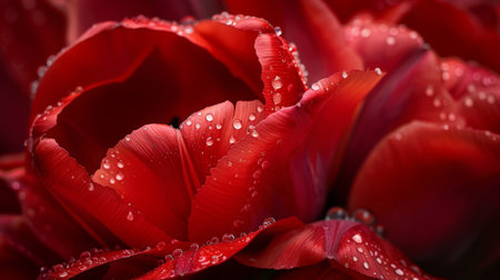 High-angle view of raindrops trickling down the petals of a red tulip, accentuating its graceful curvesの素材