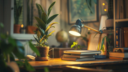 High-angle view of a work desk with a plant, desk lamp, and stack of books for inspirationの素材