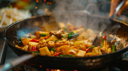 High-angle view of bamboo shoots being cooked in a traditional Asian stir-fry dishの素材