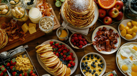 High-angle view of an American brunch buffet with pancakes, bacon, scrambled eggs, and fresh fruitの素材