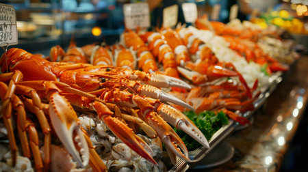 High-angle view of a seafood buffet featuring whole lobsters, crab legs, and shrimp, ready for indulgenceの素材