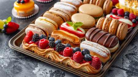 High-angle view of a tray of assorted French pastries including macarons, and fruit tartsの素材