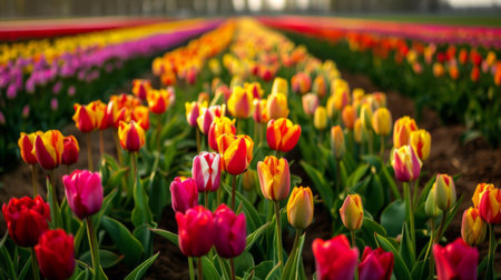 High-angle view of rows of colorful tulips in a flower field, forming a breathtaking mosaic of huesの素材