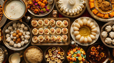 High-angle view of a traditional Indian dessert buffet with sweets like rasgulla, barfi, and kheerの素材