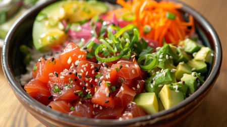 High-angle view of a vibrant poke bowl with fresh raw fish, rice, avocado, and vegetablesの素材