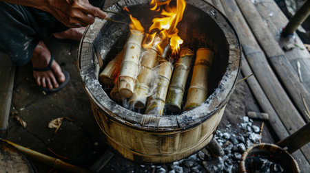 High-angle view of bamboo shoots being cooked in a traditional bamboo cooker over an open flameの素材
