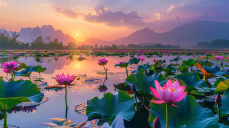 Lotus fields reflecting in the tranquil waters of a pond, creating a mirror-like effect at sunsetの素材