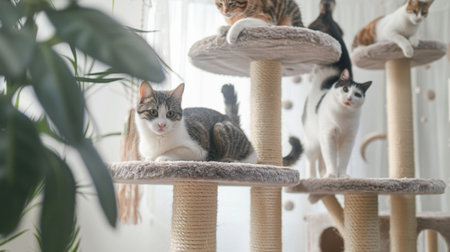 Multi-level cat tower with scratching posts, with cats climbing and playingの素材