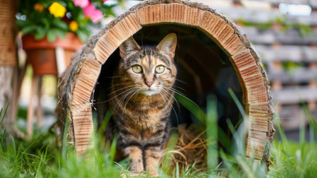 Outdoor cat shelter made of durable materials, with a cat curiously inspecting itの素材
