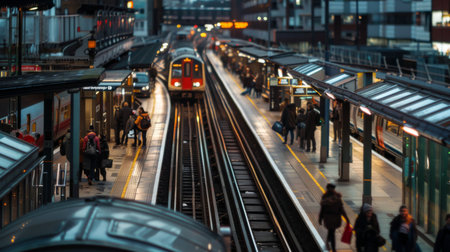 Passengers waiting on a platform as a train arrives at a busy urban station during peak hoursの素材