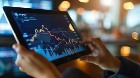 Person holding a tablet displaying a gold price graph with fluctuating trendsの素材