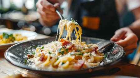 Person enjoying a traditional Italian spaghetti carbonara with creamy sauce, pancetta, and grated cheeseの素材