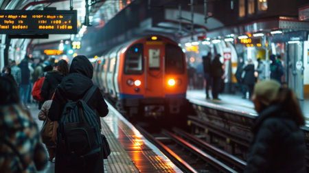 Passengers waiting on a platform as a train arrives at a busy urban station during peak hoursの素材