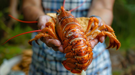 Person holding a cooked lobster tail with a bib and seafood crackers, ready to dig into a delicious mealの素材