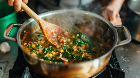 Person cooking a delicious mushroom soup in a pot on a stove, stirring with a wooden spoonの素材