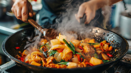Person adding sliced bamboo shoots to a delicious curry dish in a cooking pan Aの素材