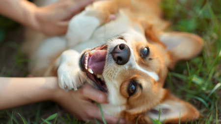 Person giving belly rubs to a smiling dog lying on its back, enjoying the attentionの素材