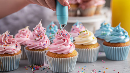 Person icing a batch of cupcakes with pastel-colored frosting and decorative sprinklesの素材