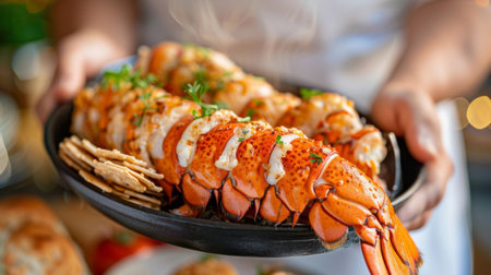 Person holding a cooked lobster tail with a bib and seafood crackers, ready to dig into a delicious mealの素材