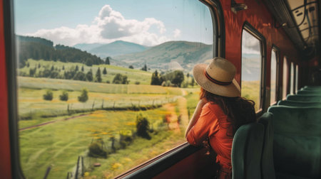 Passenger enjoying the view from a comfortable train compartment while traveling through scenic countrysideの素材
