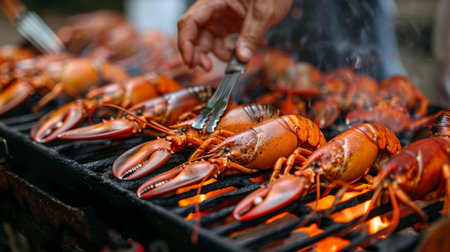 Person grilling lobsters on a barbecue grill, adding smoky flavor to the tender seafoodの素材