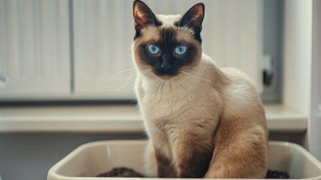 Siamese cat comfortably sitting in a litter box with a lid, ensuring privacyの素材