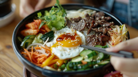 Person indulging in a traditional Korean bibimbap with mixed vegetables, beef, fried egg, and spicy gochujang sauceの素材